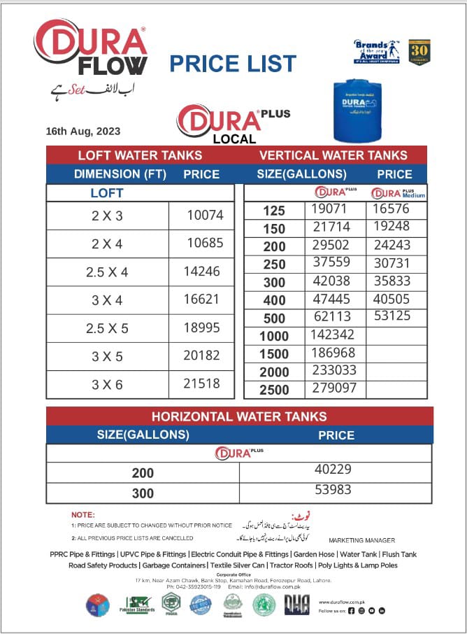 Dura Plus Water Tank Price List